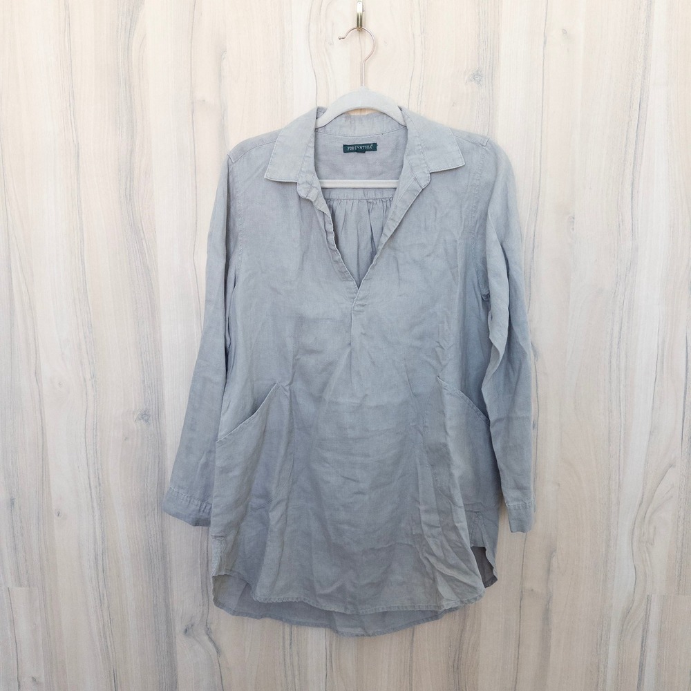 For Cynthia Womens 100% Linen Tunic M Taupe Long Sleeve Coastal Lagenlook Boho